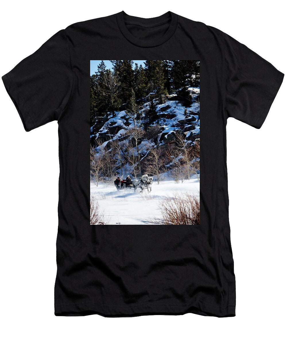 A Sleigh Is Pulled By Two Black Horses Steve Glass T-Shirt