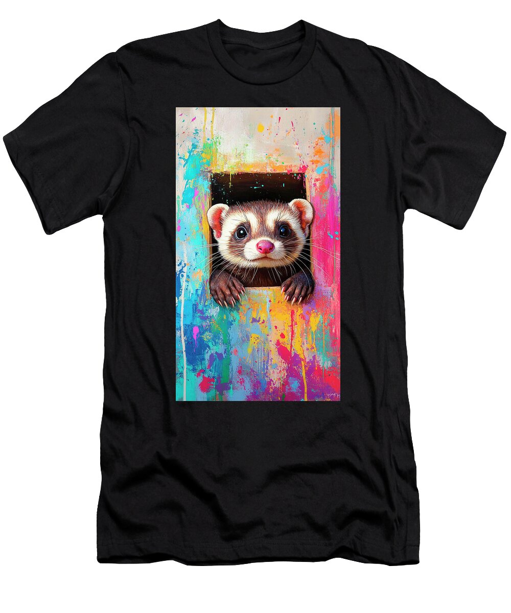 Adorable Ferret Peeking Through a Colorful Abstract Painting Cortez Schinner T-Shirt