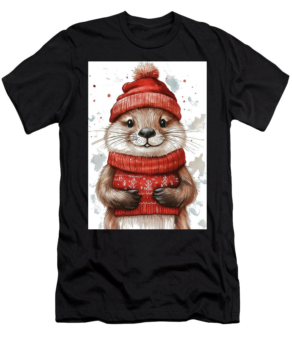 Beaver Cute Otter in a Red Winter Hat and Sweater Rhys Jacobson T-Shirt