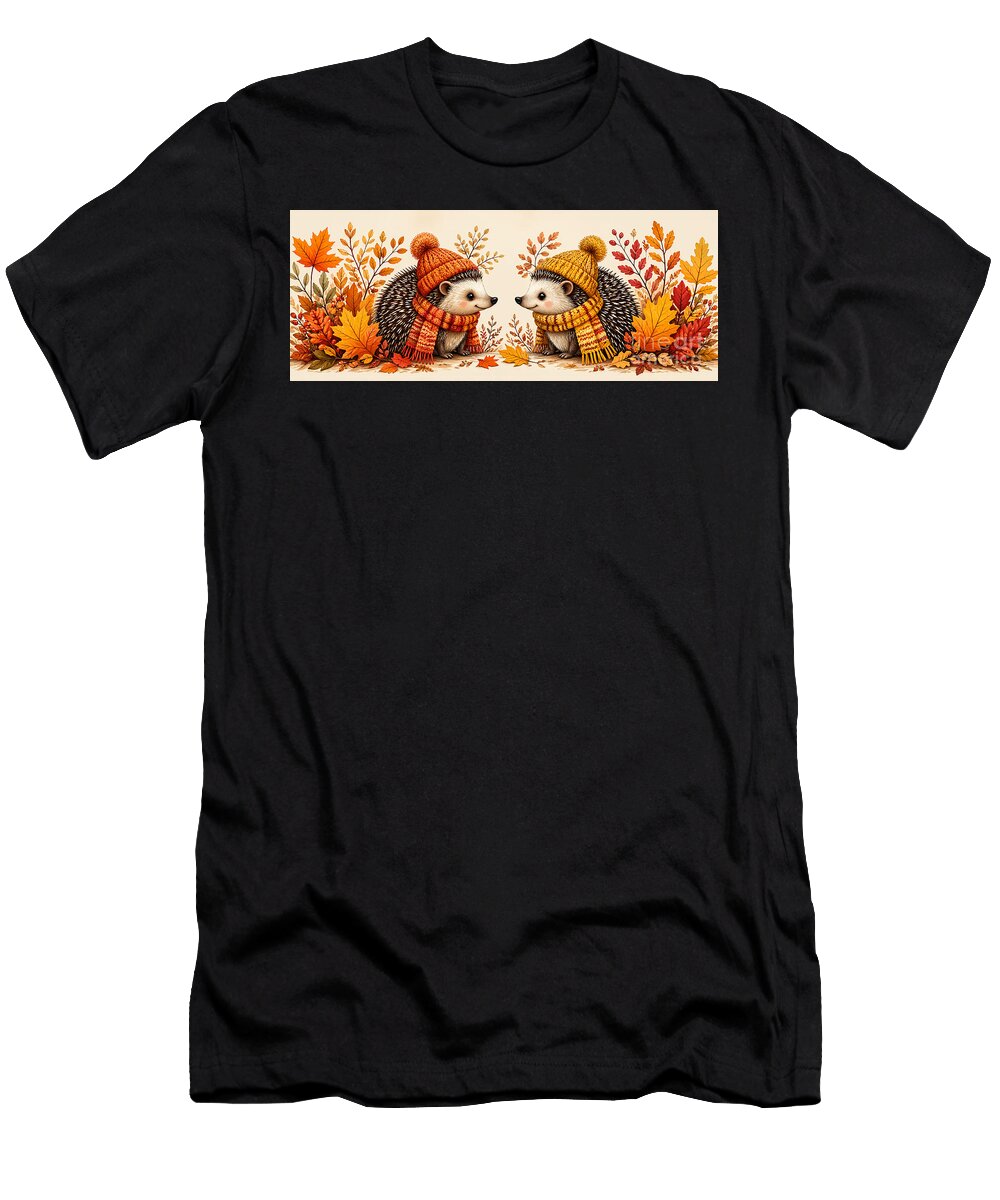 Cozy Hedgehogs in Autumn Whimsical Fall Scarf Scene Wall Art Sun D Studio T-Shirt