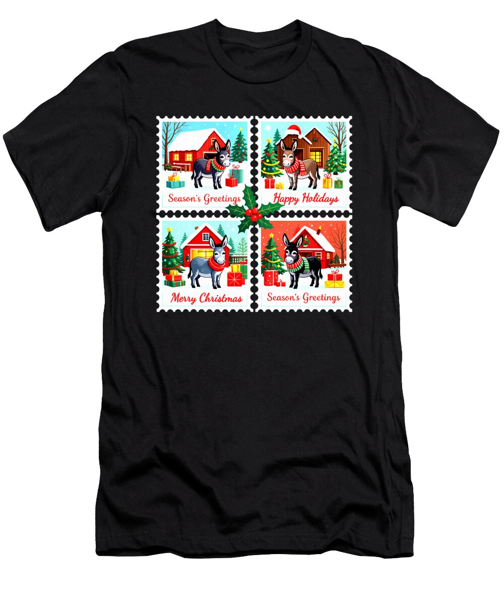 Donkey Christmas Postage Stamps Farm Donkey Sophie Eleanor T-Shirt
