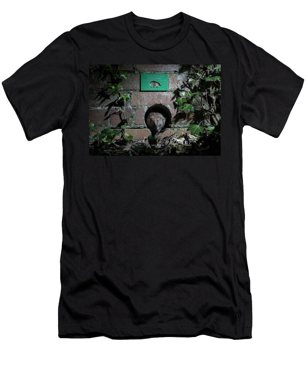 Eurasian Hedgehog Emerging From Hole Drilled Into Wall John Waters Natureplcom T-Shirt