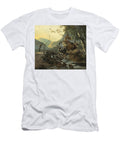 Italianate Landscape with a Donkey and a Rearing Horse Crossing a Collapsing Bridge Adam Pynacker T-Shirt